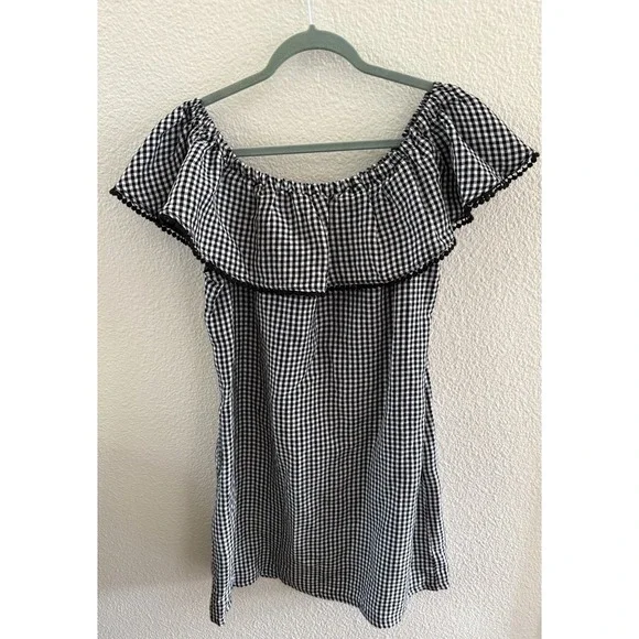 Tommy Bahama Gingham Linen Pompom Off The Shoulder Dress Pockets Vacation Sz L - Picture 3 of 9